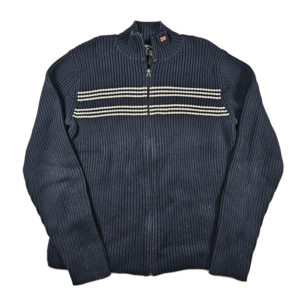 Polo Jeans Co Ralph Lauren Mens L Full Zip Ribbed Sweater Navy Striped Cotton